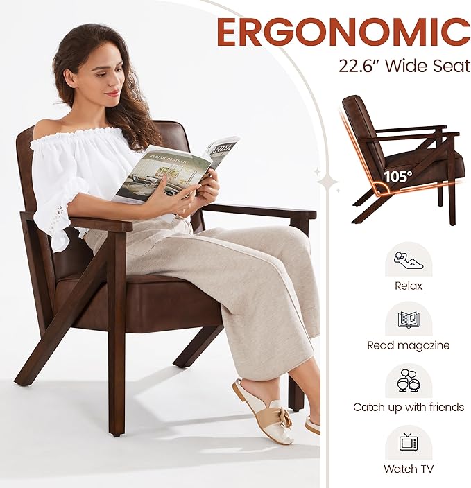 Yaheetech Accent Chair, Armchair with Strong Wood Frame, PU Leather Modern Retro Lounge Chair for Living Room/Lounge/Office/Reception Area, Dark Brown