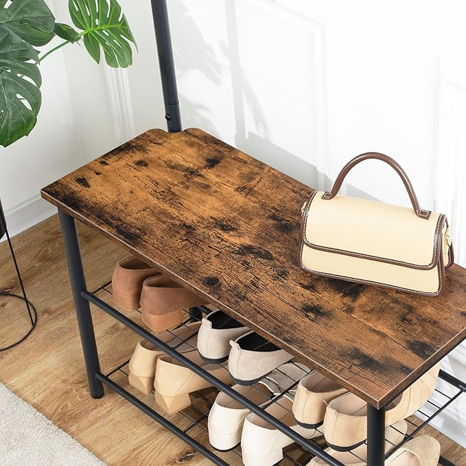 HOOBRO Coat Rack Shoe Bench, 3-Tier Shoe Rack, Industrial Shoe Organizer Storage Bench, Entry Bench with Mesh Shelves, for Entryway, Living Room, Hallway, Easy Assembly, Rustic Brown BF12HX01