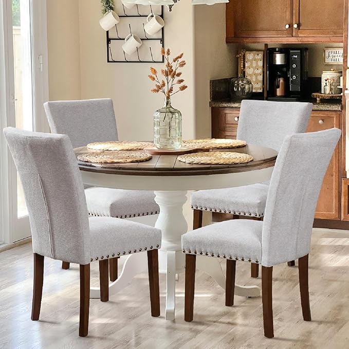 COLAMY Parsons Dining Chairs Set of 6, Upholstered Fabric Dining Room Kitchen Chair with Nailhead Trim and Wood Legs - Light Grey
