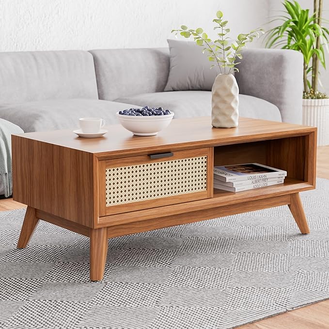Bme Solid Wood Jasper Coffee Table with Storage, Accent Rattan Design, Good Choice for Living Room, Dark Chocolate