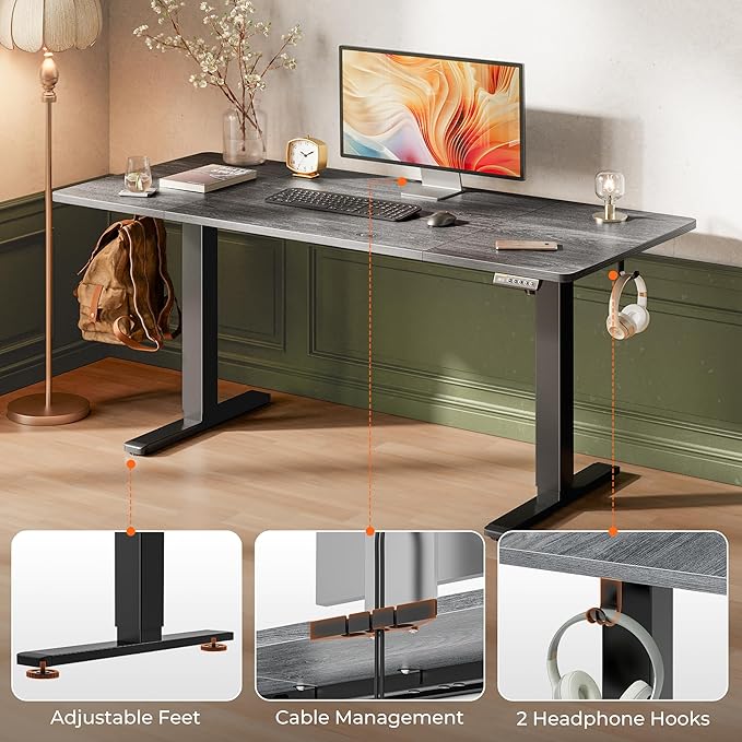 Huuger 63 x 28 Large Electric Standing Desk, Height Adjustable Computer Desk, 27.6" Deep Desktop, Stand up Gaming Office Table with 2 Hooks, 3 Preset Heights, for Home Office, Grey