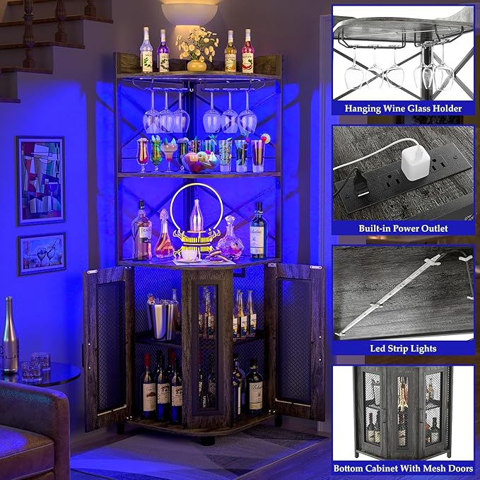 Aheaplus Corner Bar Cabinet with Power Outlet, Industrial Wine Cabinet with LED Strip and Glass Holder, 5-Tiers Liquor Cabinet Bar Unit for Home, Corner Display Cabinet for Small Space, Grey Oak