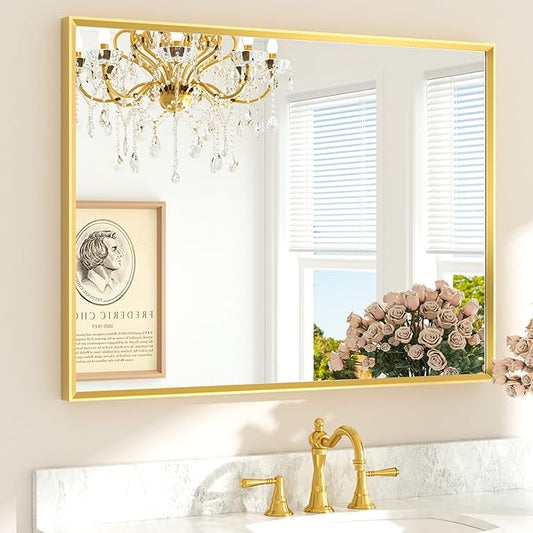 TETOTE Brushed Gold Vanity Mirror for Bathroom 40" x 30" Brushed Brass Rectangle Beveled Framed Bathroom Wall Mirror for Over Sink, Tempered Glass, Modern Farmhouse Bedroom, Entryway, Living Room
