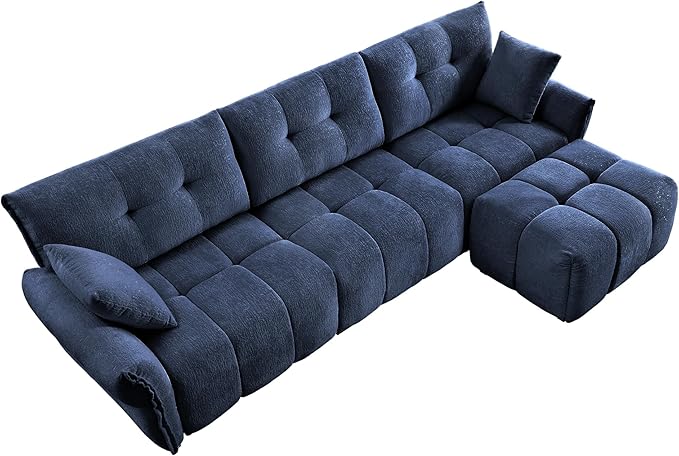 Modern Chenille Fabric 3-Seat Sofa w/Ottoman+2 Pillows, Premium Upholstery Living Room Couch with Tufted Backrest & Comfortable Armrests and High-Resilience Memory Foam Cushions,Blue