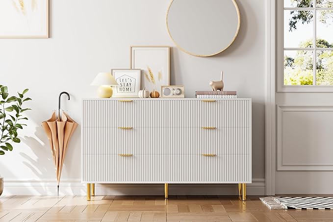 GarveeHome White Dresser, Modern 6 Drawer Dresser for Bedroom with Gold Handle and Large Drawer, Wood Double Chest of Drawers and Storage Organizer for Living Room, Hallway, Entryway