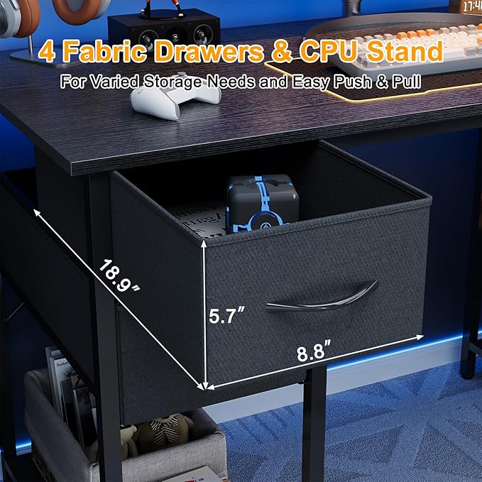 Computer Desk with 4 Drawers, 47 Inch Office Desk with Storage, Gaming Desk with CPU Shelves, Writing Desk Work Desk for Home Office, Study, Bedroom, Work from Home, Black