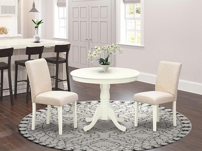 East West Furniture ANAB3-LWH-02 3 Piece Dinette Set for Small Spaces Contains a Round Kitchen Table with Pedestal and 2 Light Beige Linen Fabric Parson Chairs, 36x36 Inch, Linen White
