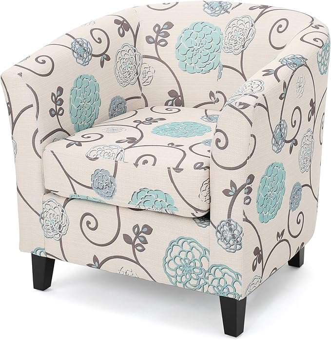 Ball & Cast Upholstered Arm Chair,Classic American Style Flower Design Fabric Dining Chair,Comfy Farmhouse Accent Chair with Padded Seat and Backrest for Living Room Kitchen,White+Blue