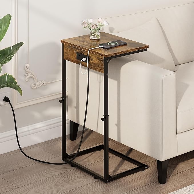 Vagusicc C Shaped End Table with Charging Station, Adjustable Height Side Table for Couch, Small Side Table, 33.2'' Tall Couch Tables That Slide Under, Tv Tray End Table for Living Room, Rustic Brown