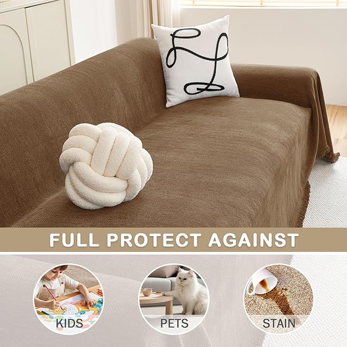 hyha Couch Cover for Dogs, Boho Sofa Covers for 3 Cushion Couch Washable, Chenille Sofa Slipcover for Pets, Soft Loveseat Sectional Couch Throw Blankets with Tassels (Chocolate, 88.5x118 Inch)