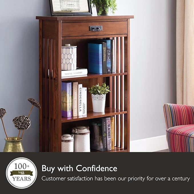 Leick Home 82262 Mission Mantel Height Bookcase with Slatted Sides and Top Drawer, Made with Solid Wood, for Living Rooms, Mission Oak Finish, Brownbronze