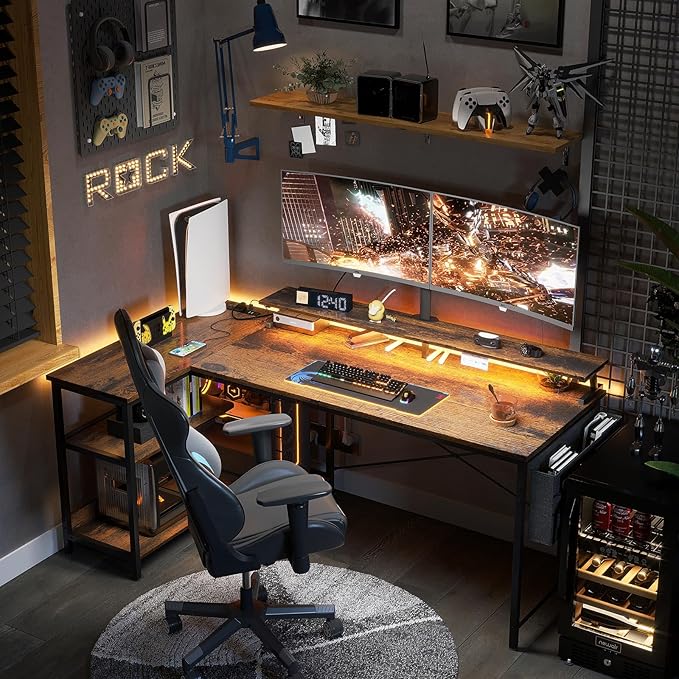 ODK 58 Inch Gaming Desk with USB Charging Ports and LED Lights, Reversible L Shaped Computer Desk with Storage Shelves & Monitor Stand, Corner Home Office Desk Table with Power Outlets, Vintage
