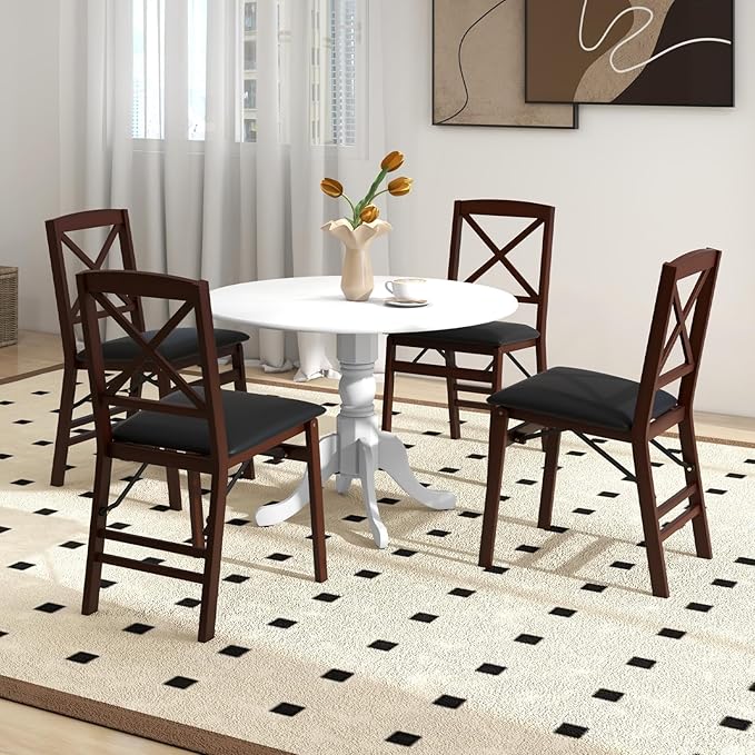 COSTWAY Round Dining Table for 4, 39-inch Wooden Kitchen Table with Solid Rubber Wood Frame, Curved Trestle Legs, Adjustable Foot Pads, Mid Century Rustic Dinning Table for Living Room (White)