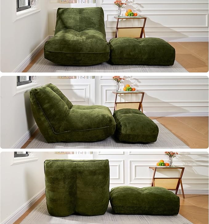 Bean Bag Chair with Ottoman, Comfy Bean Bag Sofa with Memory Foam, Lazy BeanBag Sofa with Footstool, Fireside Bean Bag Couch for Living Room, Bedroom, Apartment (Green)