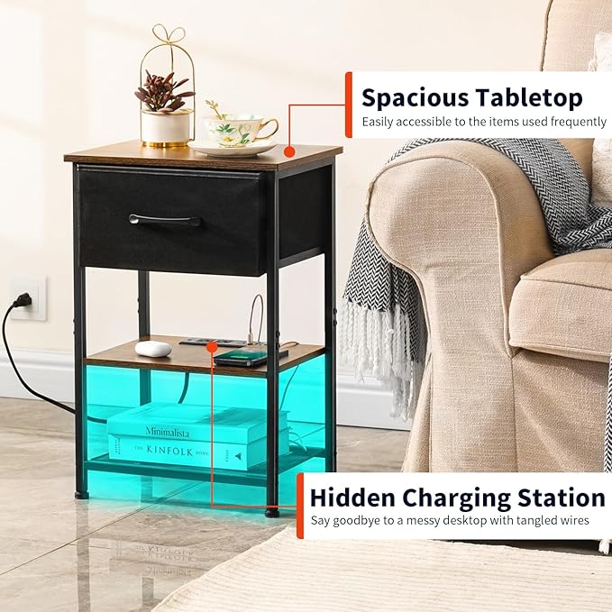 Nightstands Set of 2 with Charging Station and Drawer, End Table Side Table with 20 Colors LED Light Strip and 2 Layers Shelf for Bedroom Living Room Sofa (Rustic Brown)