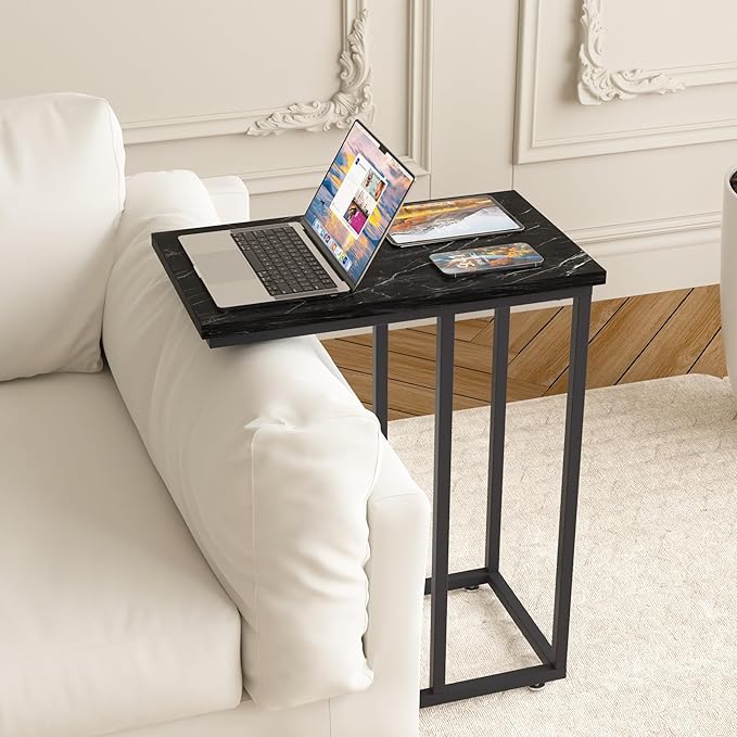 VECELO C Shaped End Side Table for Sofa Couch and Bed Snack TV Tray for Living Room Bedroom, 1 Set, Black Marble