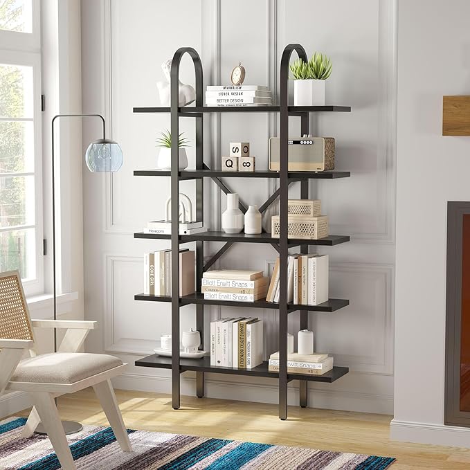 Wide Bookshelf Arched Bookcase, Industrial 5 Tier Open Book Shelves with Metal Frame, 72" Tall Freestanding Heavy Duty Display Rack for Home Office, Living Room,Black,Easy Assembly