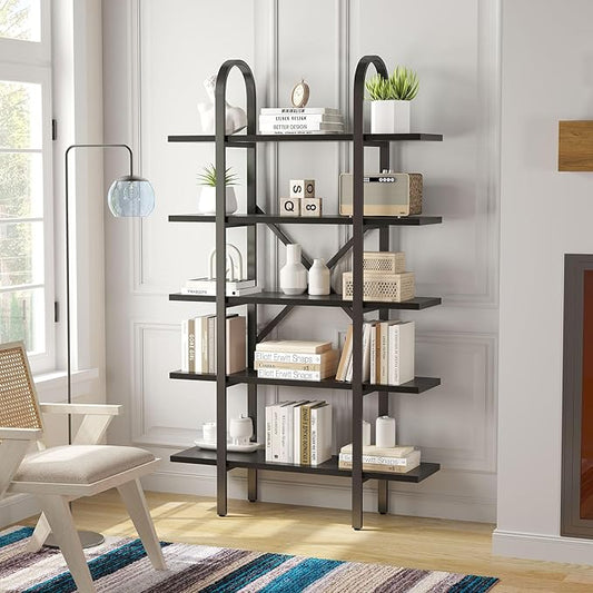 Wide Bookshelf Arched Bookcase, Industrial 5 Tier Open Book Shelves with Metal Frame, 72" Tall Freestanding Heavy Duty Display Rack for Home Office, Living Room,Black,Easy Assembly