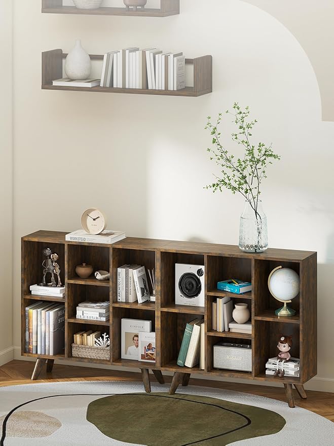 Manora Rustic Brown 7 Cube Mid Century Modern Bookshelf, Wooden Storage Organizer with Open Shelves, Retro Bookcase for Living Room, Bedroom, Home Office