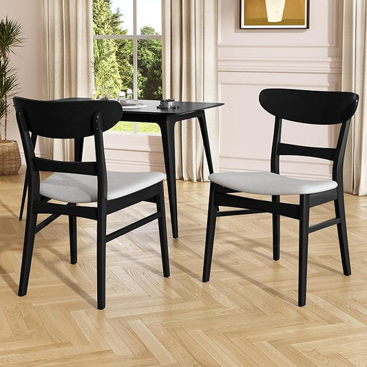Set of 2 Solid Wood Dining Chairs, Fabric Upholstered Seat Mid-Century Modern Kitchen Furniture for Living Room, Light Gray+Black