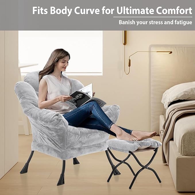 Lazy Chair with Folding Ottoman, Accent Chair Plush Upholstered with Metal Structure and Non-Slip Pads, Sofa Armchair with Footrest and Side Storage Bag for Dorm, Room, Office, Light Gray