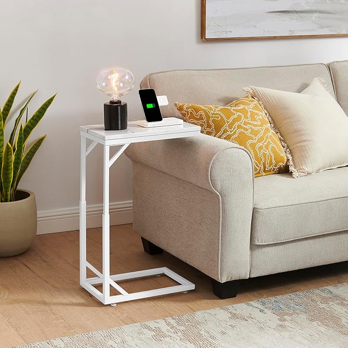 C-Shaped End Table, Small Sofa Table with Metal Frame, Adjustable Height Side Table for Couch, Living Room, Bedroom, Bedside (White, Small)