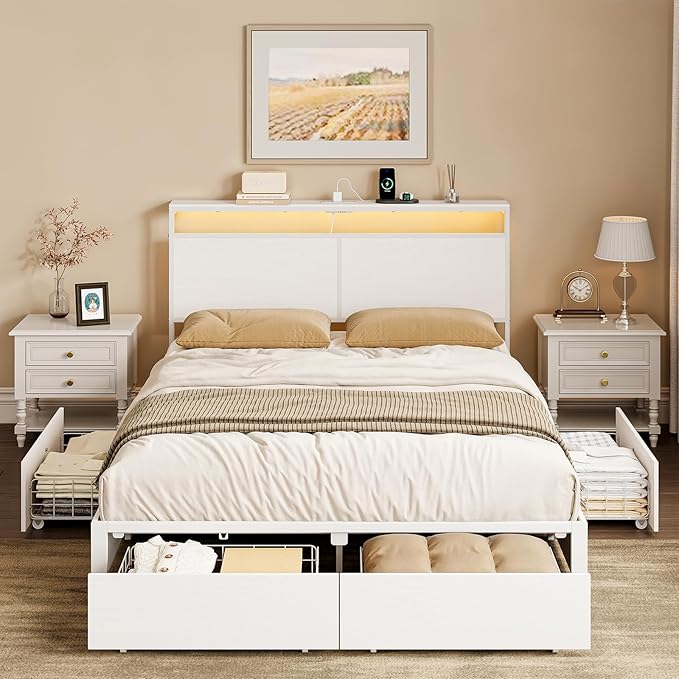 Full Bed Frame with 4 Storage Drawers Bed Frame Full Size with Headboard LED Lights Charging Station Metal Slats Platform Heavy-Duty Support No Box Spring Needed White