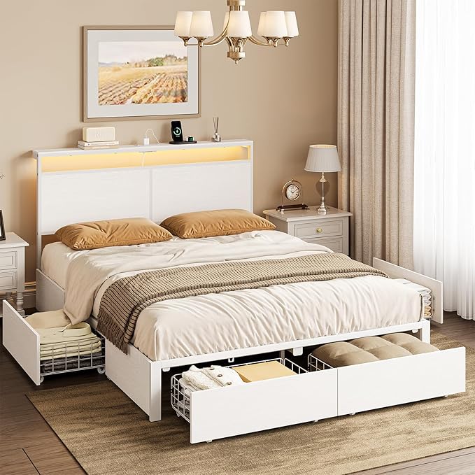Full Bed Frame with 4 Storage Drawers Bed Frame Full Size with Headboard LED Lights Charging Station Metal Slats Platform Heavy-Duty Support No Box Spring Needed White