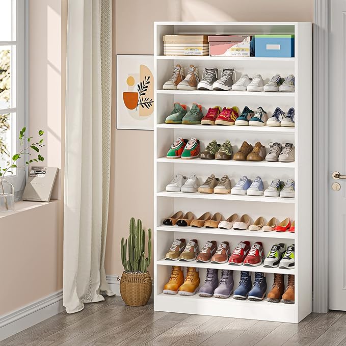 Tribesigns Shoe Cabinet, 9 Tiers 40-45 Pairs Heavy Duty Wood Freestanding Shoe Storage Cabinet, 70.8'' Tall Shoe Cabinet with Open Storage for Entryway, White