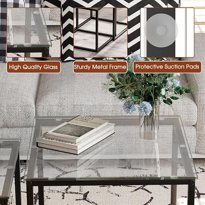 Garden 4 you Coffee Table Set of 2, Modern Glass Nesting Table, Metal Frame Square Center Table Set, Side Tables, Nesting Coffee Table for Living Room, Bedroom and Small Spaces, 19.7in Black