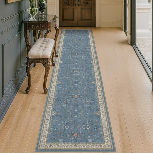 Non Slip 10ft Long Hallway Runner Rug Blue - 2 x 10 Runner Rug, Washable & Waterproof 2x10 Kitchen Floor Mat - Modern Eclectic Boho Design Décor