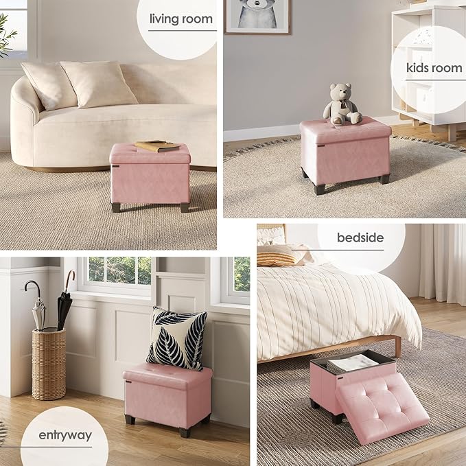 STORAGEBUD Storage Ottoman Cube with Small Bin, 16-in Square Ottoman with Storage for Living Room and Bedroom, Small Ottomans Foot Rest, Faux Leather Foot Stools Ottomans Max 330lbs, Pink