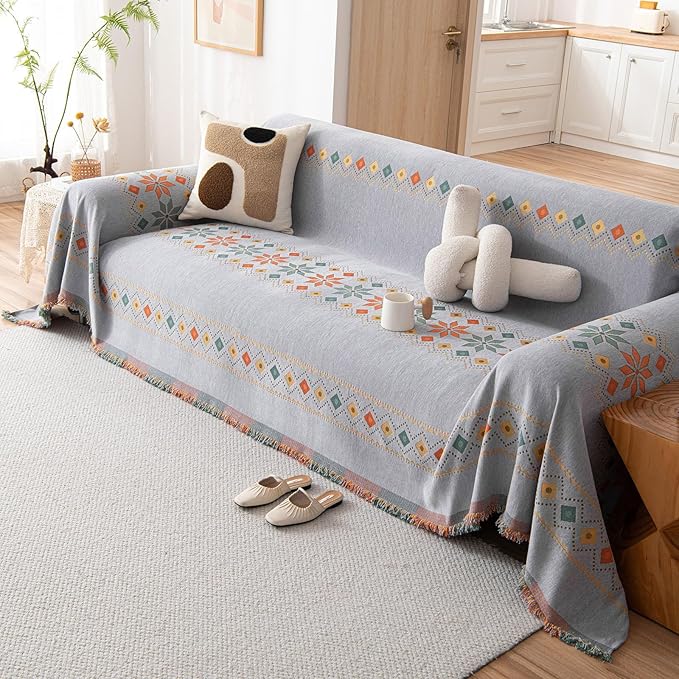 STACYPIK Boho Gray Jacquard Couch Cover, Sofa Cover for Dogs Washable, Non Slip Couch Cover for Sectional, Furniture Protector for 3 Cushion Couch, Multi-use Sofa Slipcover Pet-Friendly-71X150IN