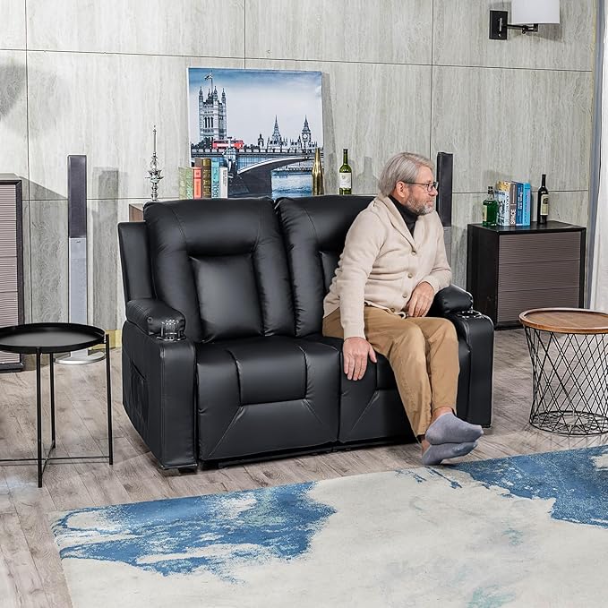 COMHOMA Living Room Furniture Set,Bonded Leather Loveseat Sofa with Massage,Cup Holder Recliner Chair,2+1,Black