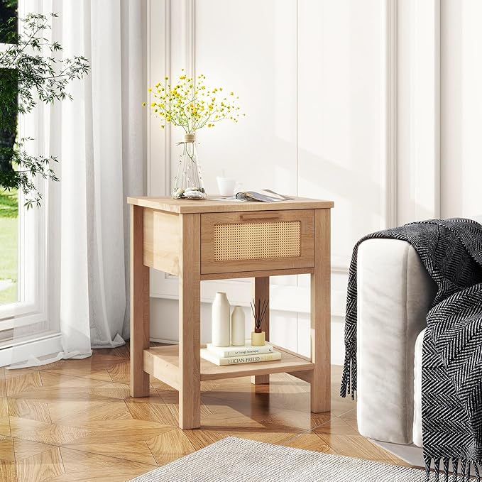 IBUYKE Rattan Nightstand, Boho Night Stand with Drawer, Wood Bedside Tables with Storage Shelf, End Table with Legs for Bedroom, Natural UWNS011N