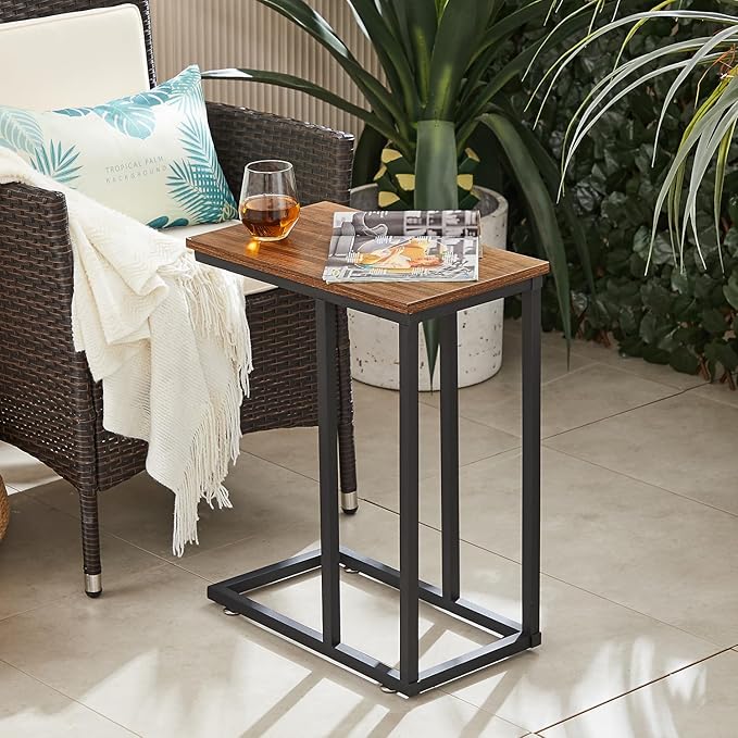 VECELO C Shaped End Side Table for Sofa Couch and Bed Snack TV Tray for Living Room Bedroom, 2 Set, Brown