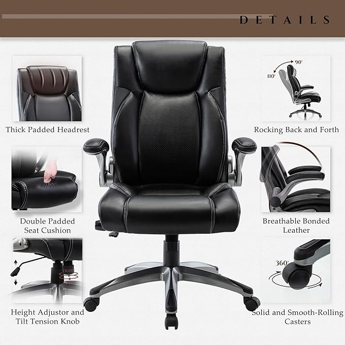 COLAMY Executive Office Ergonomic Chair with Thick Bonded Leather, Flip-up Armrests, High Back Adjustable Height and Tilt for Working, Study, Gaming