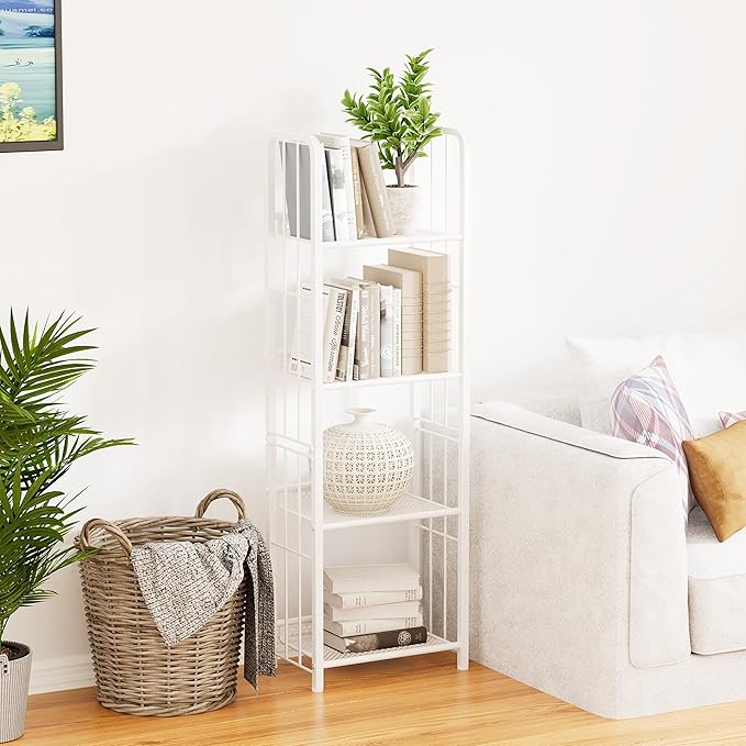 Bookshelf Storage Shelf Small Bookcase Freestanding Storage Stand for Living Room Bedroom, Kitchen, Rust Resistance, Easy Assembly Free Combination Multi-Functional Organizer (4 Tiers, White)