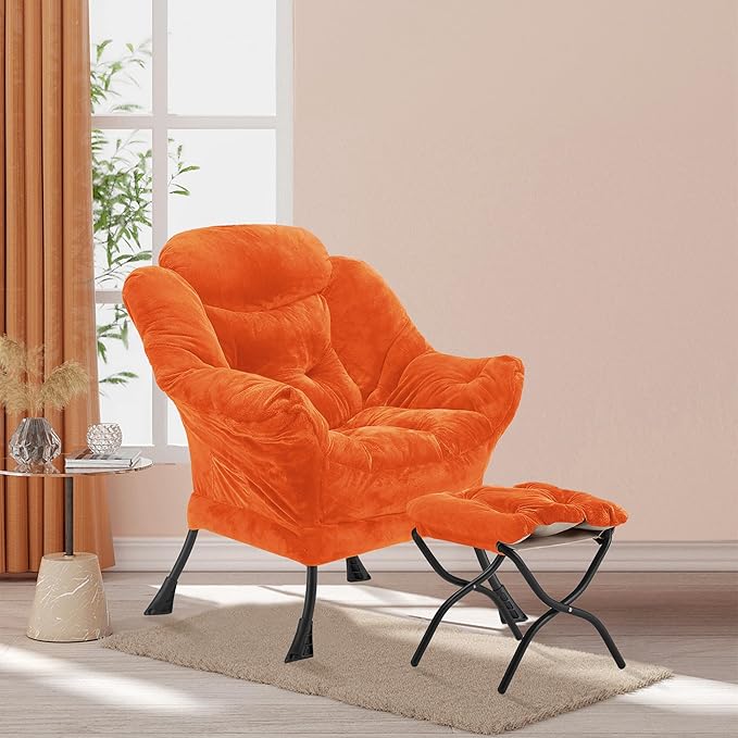 Lazy Chair with Folding Ottoman, Accent Chair Plush Upholstered with Metal Structure and Non-Slip Pads, Sofa Armchair with Footrest and Side Storage Bag for Dorm, Room, Office, Orange