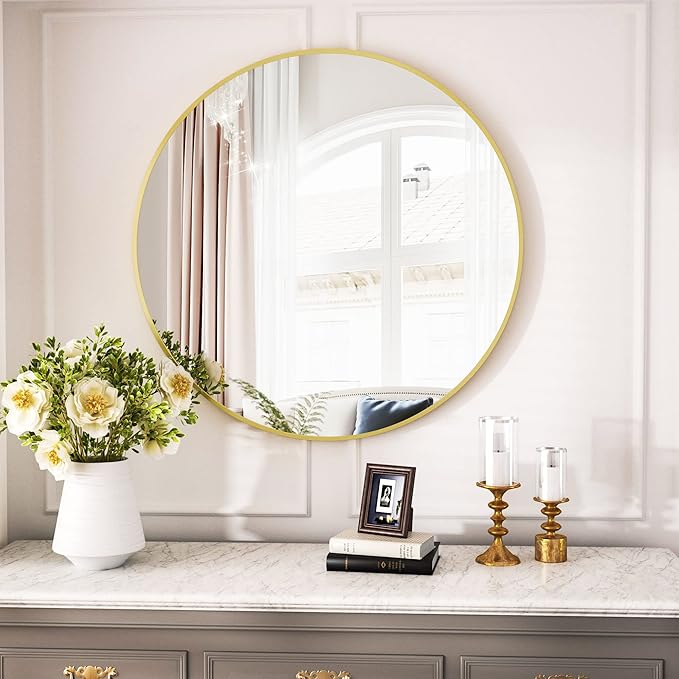 Round Mirror 29.6" Black Wall Mounted Circle Mirrors Vanity Mirror with Aluminum Alloy Frame Modern Decoration for Bathroom, Living Room, Vanity, Bedroom, Entryway