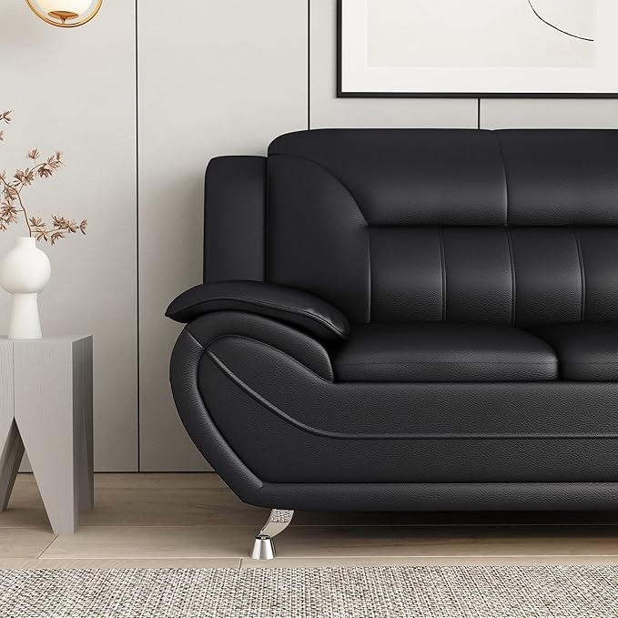 Container Furniture Direct Michael Modern Faux Leather Upholstered Stainless Steel Legs Living Room, Chair, Loveseat, Sofa, Black