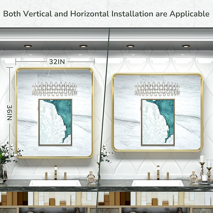 TokeShimi 32x36 Inch Gold Bathroom Mirror for Wall Metal Rounded Corner Rectangle Mirror Metal Frame Deep Set Design Hangs Horizontal Or Vertical