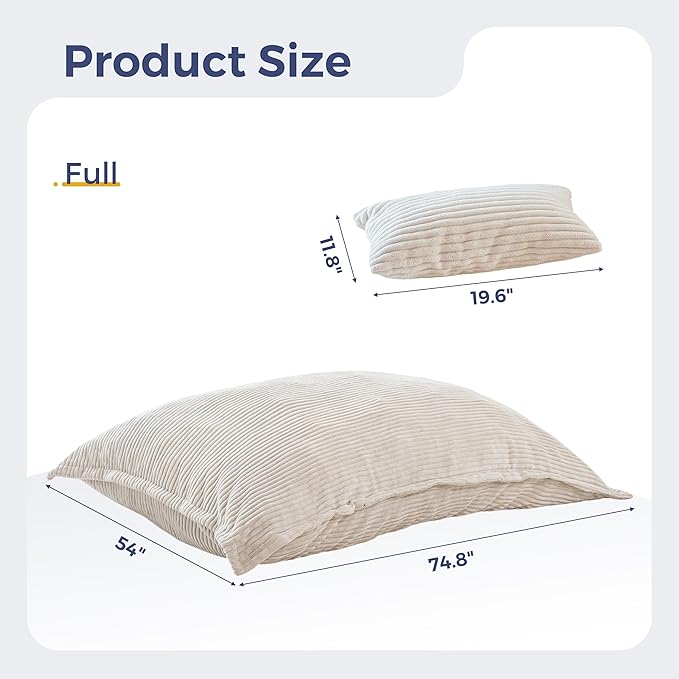 MAXYOYO Giant Bean Bag Chair with Pillow, 3 in 1 Convertible Bean Bag Chair for Adults with Washable Cover, Removable Floor Cushion Stuffed Floor Lounger for Living Room Bedroom, White, Full