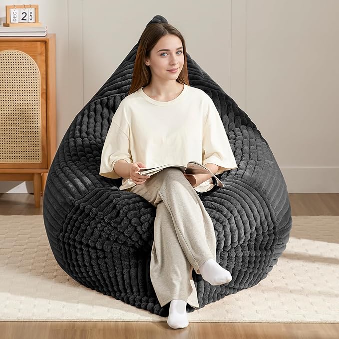 3-in-1 Giant Bean Bag Chair for Adults & Kid, Convertible Floor Sofa to Mattress, High-Density Foam Chair Bed with Washable Cover, Multi Functional Lounge Couch for Bedroom, Living Room (Black)
