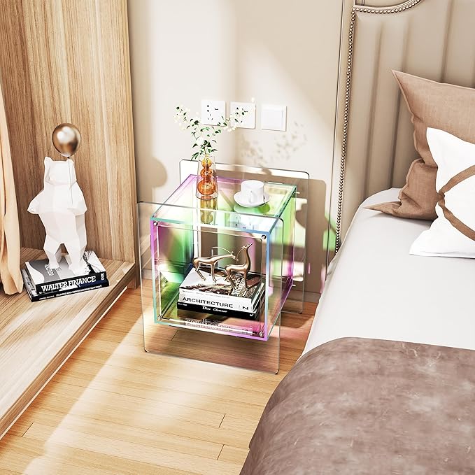 Acrylic Nightstand Colorful Bedside Table with Open Storage Shelf,Clear Side Table for Living Room (1, Iridescent)