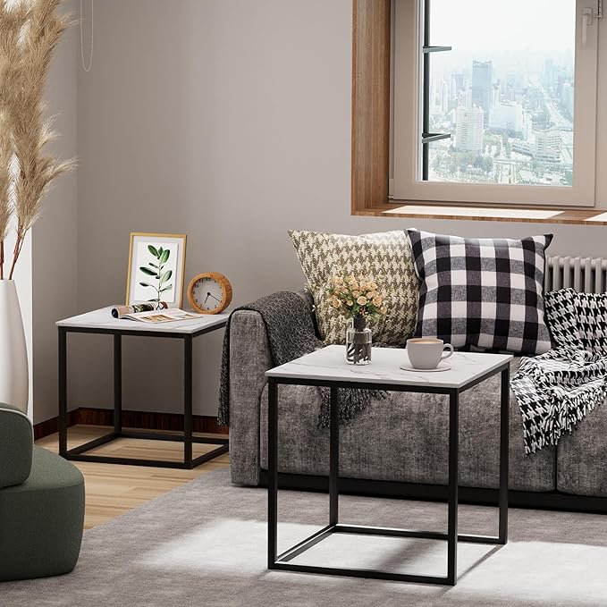 Garden 4 you Coffee Table Set of 2, Modern Faux Marble Nesting Table, Metal Frame Square Center Table Set, Side Tables, Nesting Coffee Table for Living Room, Bedroom and Small Spaces, 19.7in Black