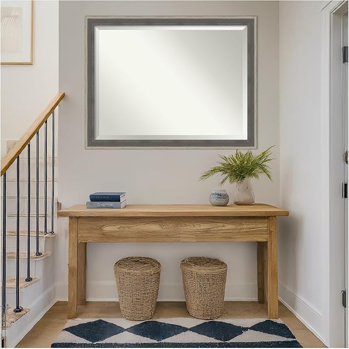 Amanti Art Grey Wall Mirror 35x45 Cottage Grey Silver Rectangle Bathroom Mirror for Wall Decor Living Room, X-Large Casual Wood Frame, Hangs Horizonally and Vertically, Bathroom Decor, Beveled Edge