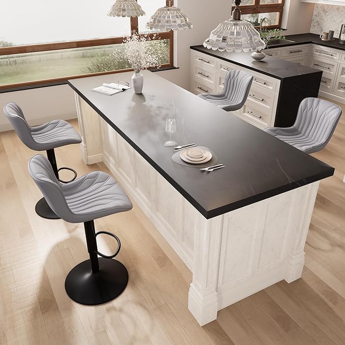 YOUNIKE Grey Bar Stools Set of 4 Modern Swivel Counter Height Bar Chair with Back Adjustable Kitchen Island Faux Leather Padded Barstools taburetes de bar Breakfast sillas para barra de cocina 4PCS