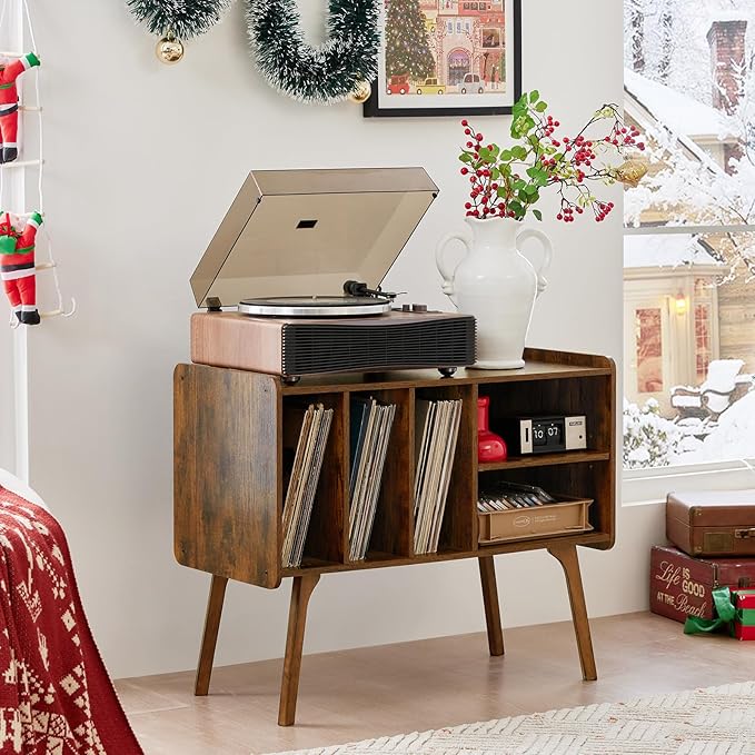Lerliuo Record Player Stand with 4 Cabinet Holds Up to 220 Albums, Large Turntable Stand with Beech Wood Legs, Mid-Century Record Player Table,Brown Vinyl Holder Storage Shelf for Bedroom Living Room
