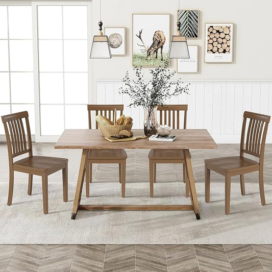 COLAMY Wooden Dining Chairs Set of 4, Solid Rubberwood Kitchen & Dining Room Chairs, Farmhouse Rustic Side Chairs for Dining Table, Anti-Slip Protection, Classic Windsor Style Seating, Oak Light Brown